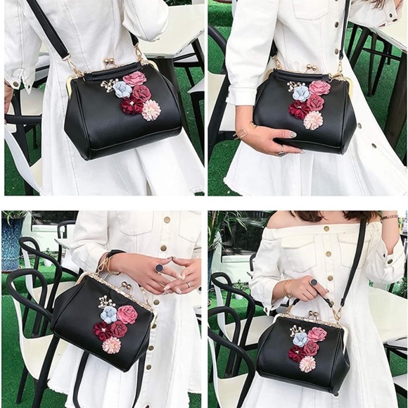 Flower Applique Kiss Lock PU Leather Bag (Black) - Picture 4 of 7